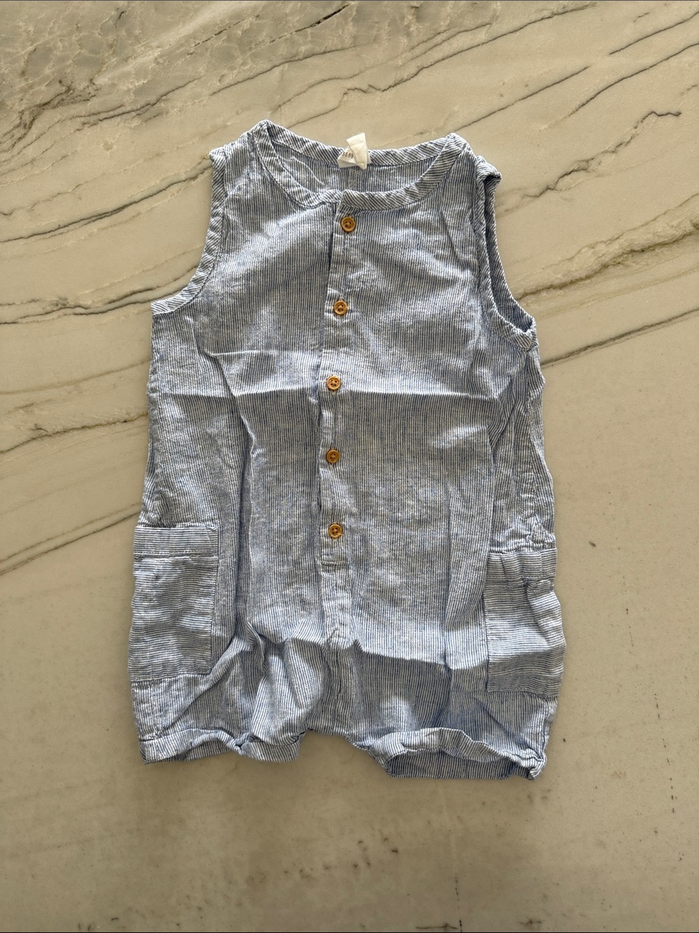 H&M Light Blue Striped Linen Blend Baby Romper